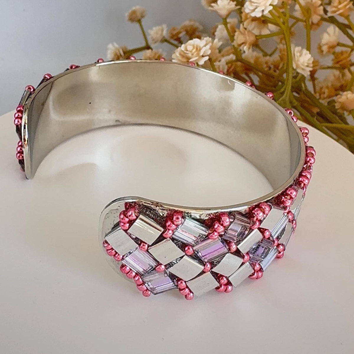 Silver and Pink Glass Bead Cuff Bracelet, Adjustable Stainless Steel, 2 cm Wide