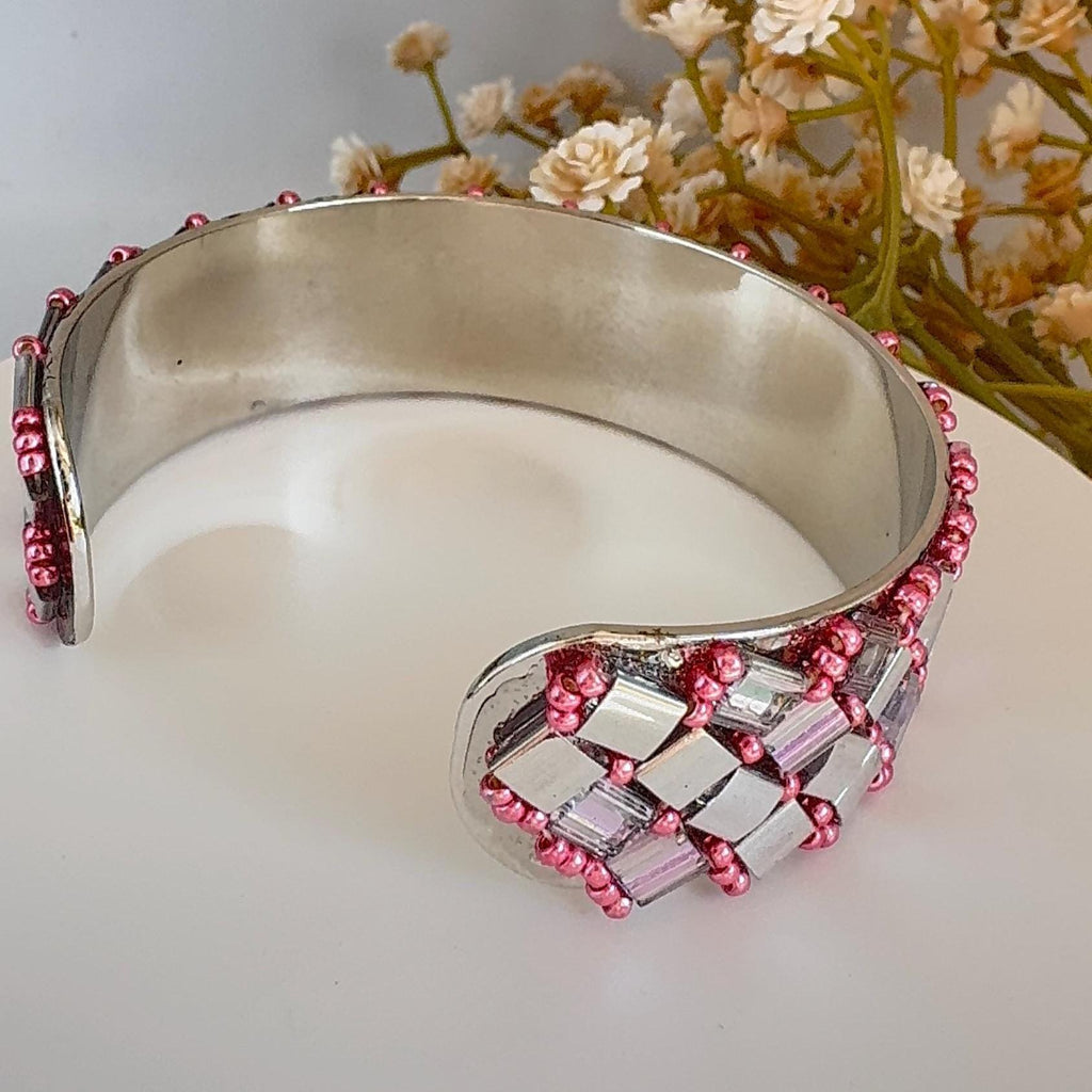Silver and Pink Glass Bead Cuff Bracelet, Adjustable Stainless Steel, 2 cm Wide