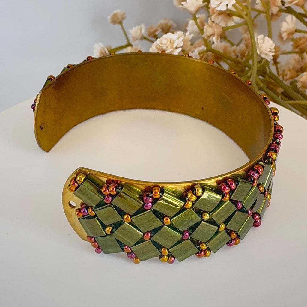 Olive Green Glass Bead Cuff Bracelet, Adjustable Brass, 2 cm Wide