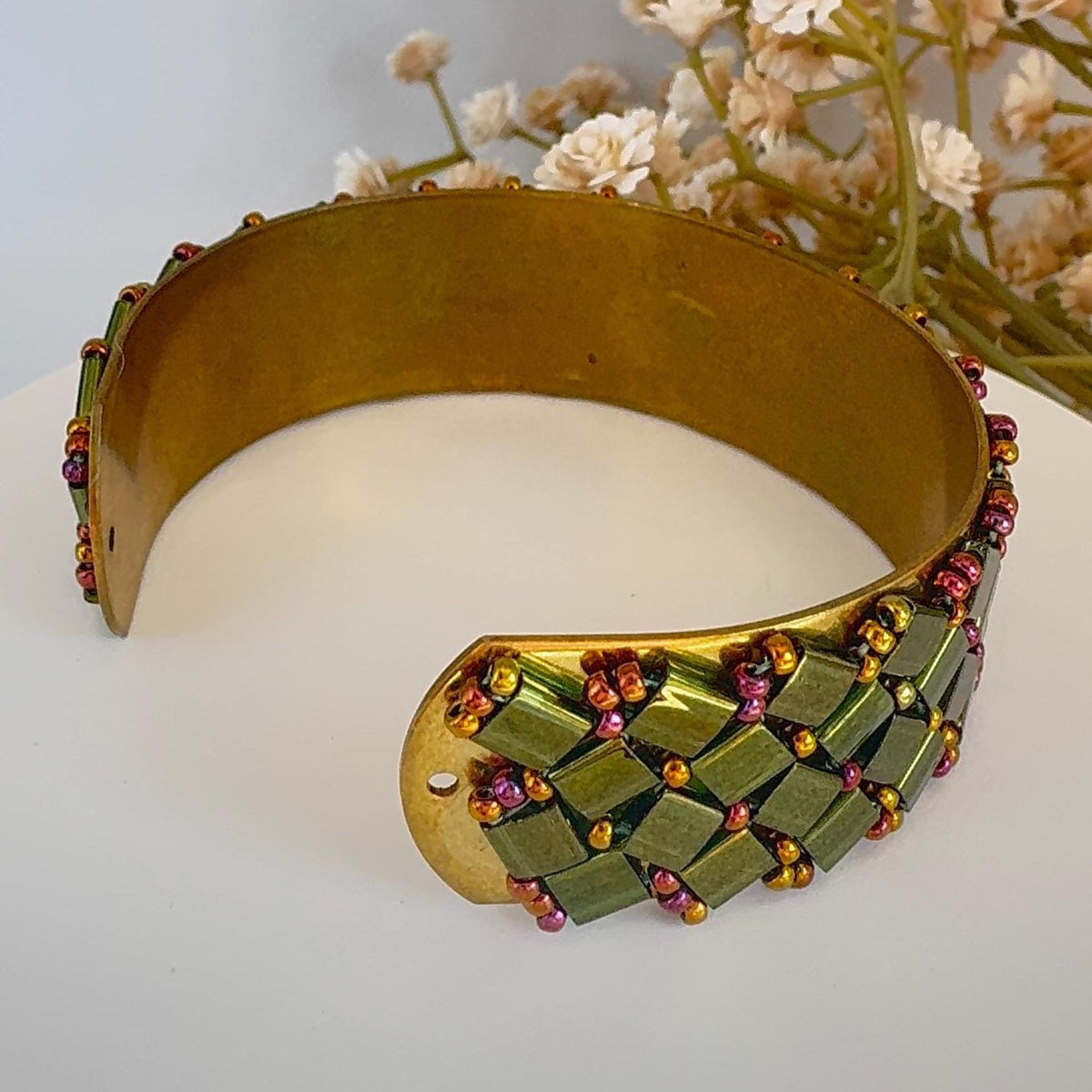 Olive Green Glass Bead Cuff Bracelet, Adjustable Brass, 2 cm Wide