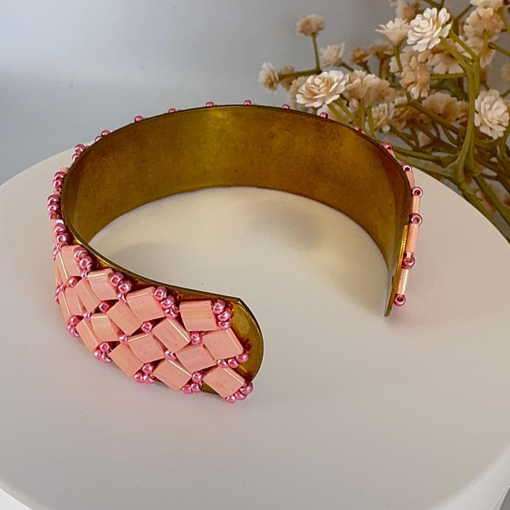 Pink Glass Bead Cuff Bracelet, Adjustable Brass, 2 cm Wide