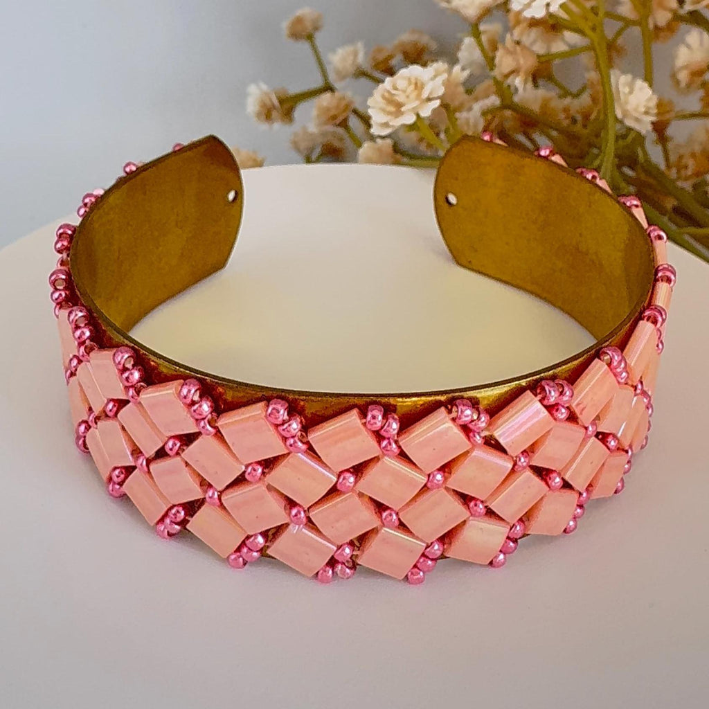 Pink Glass Bead Cuff Bracelet, Adjustable Brass, 2 cm Wide