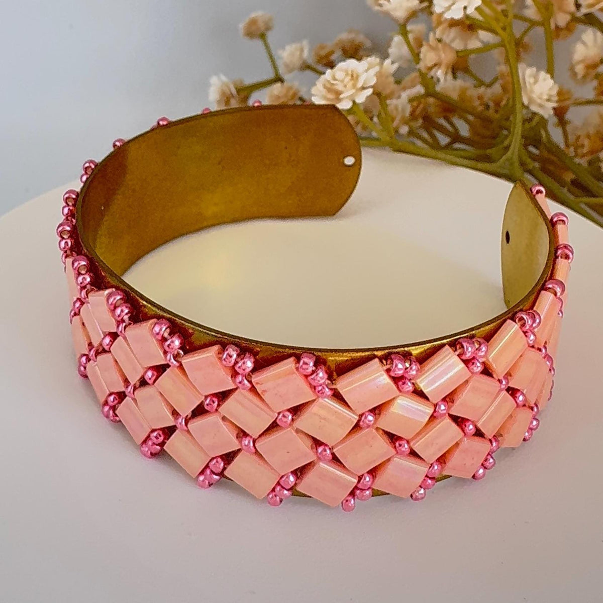 Pink Glass Bead Cuff Bracelet, Adjustable Brass, 2 cm Wide