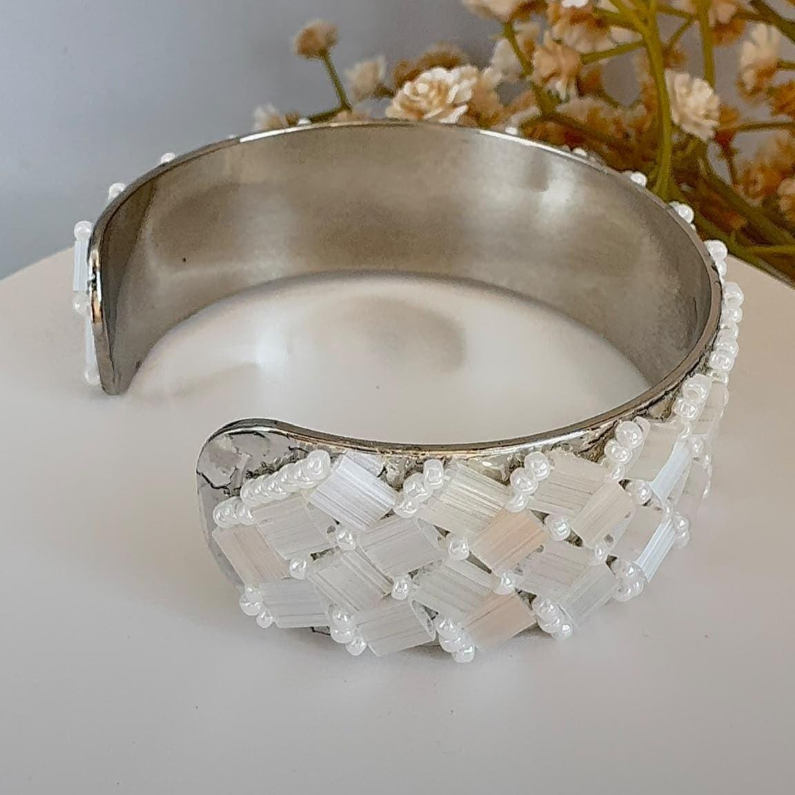 White Glass Bead Cuff Bracelet, Adjustable Stainless Steel, 2 cm Wide