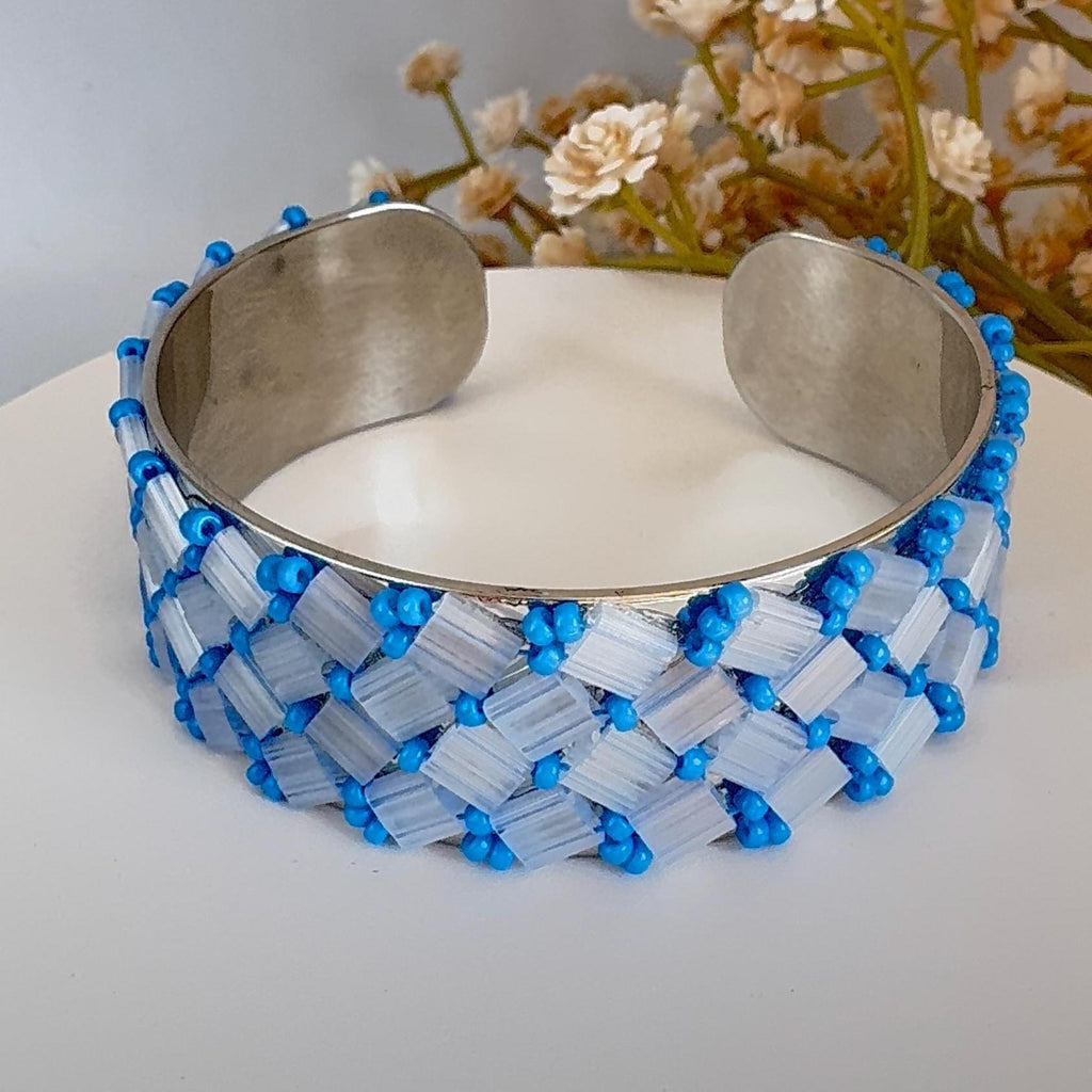 Blue Glass Bead Cuff Bracelet, Adjustable Stainless Steel, 2 cm Wide