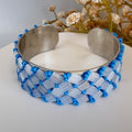 Blue Glass Bead Cuff Bracelet, Adjustable Stainless Steel, 2 cm Wide