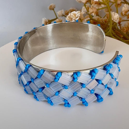 Blue Glass Bead Cuff Bracelet, Adjustable Stainless Steel, 2 cm Wide