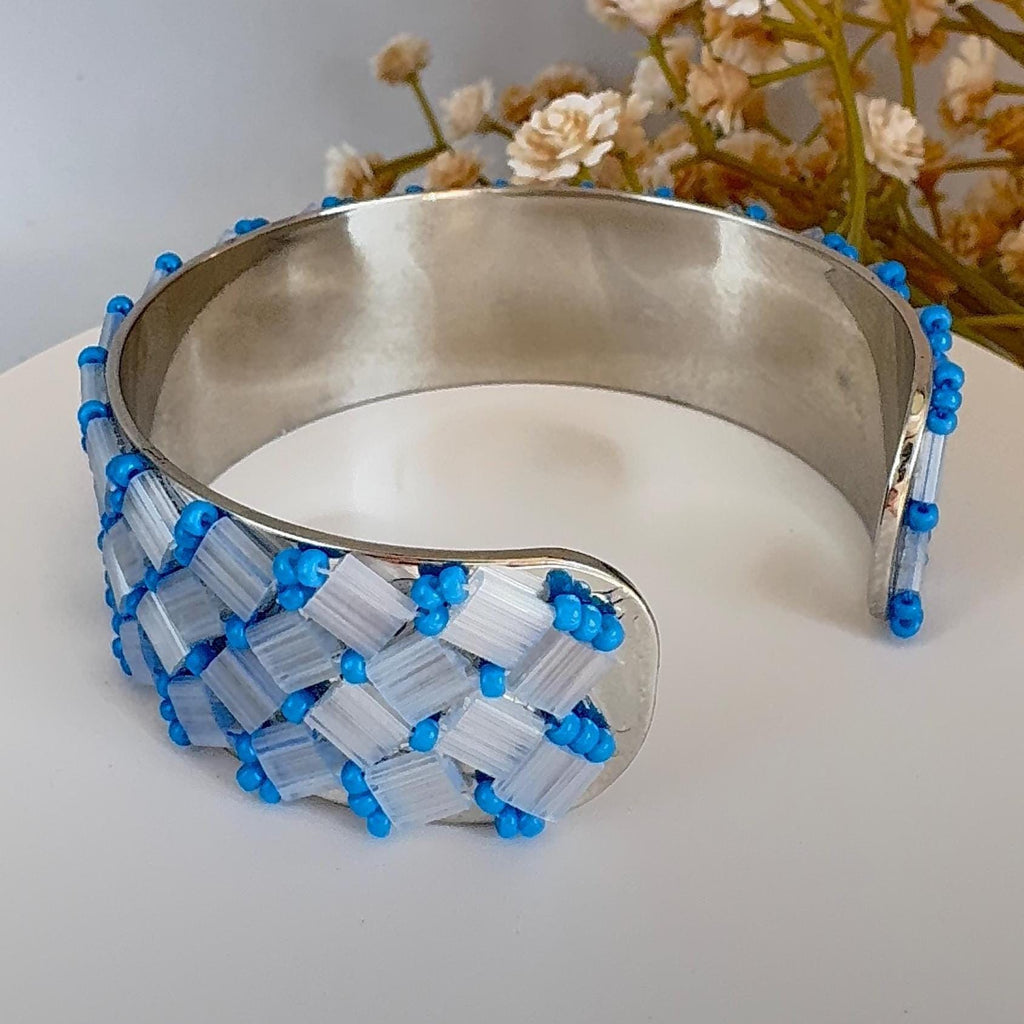Blue Glass Bead Cuff Bracelet, Adjustable Stainless Steel, 2 cm Wide