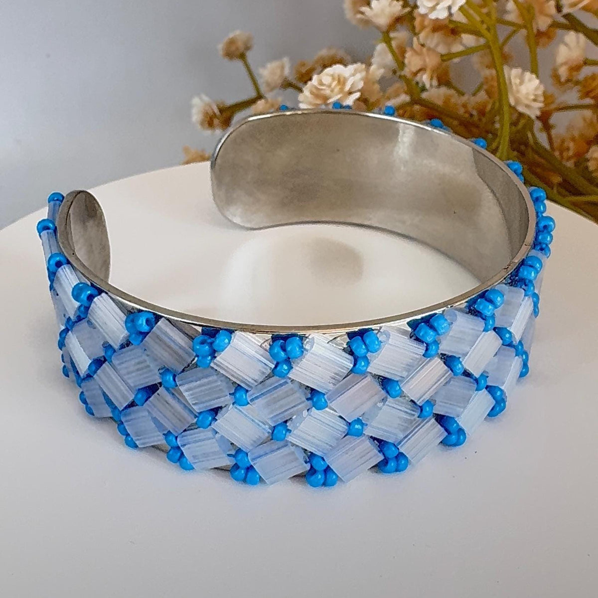 Blue Glass Bead Cuff Bracelet, Adjustable Stainless Steel, 2 cm Wide