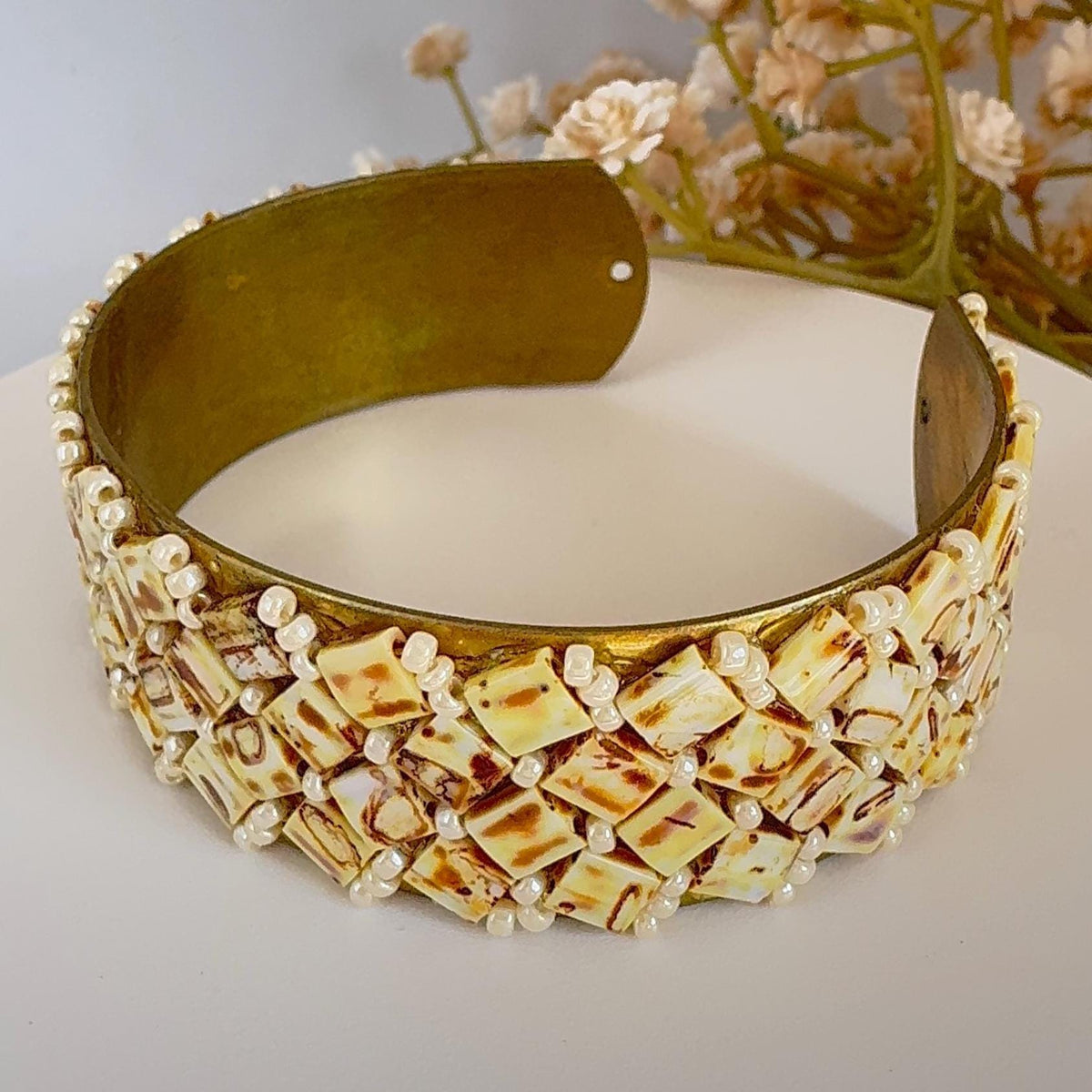 Cream and Brown Glass Bead Cuff Bracelet, Adjustable Brass, 2 cm Wide