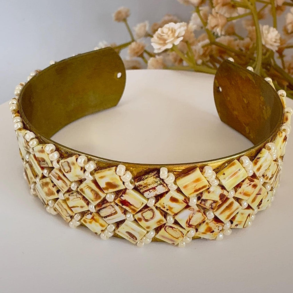 Cream and Brown Glass Bead Cuff Bracelet, Adjustable Brass, 2 cm Wide
