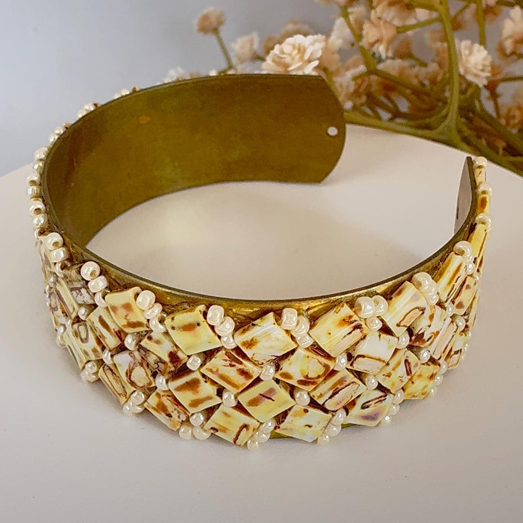 Cream and Brown Glass Bead Cuff Bracelet, Adjustable Brass, 2 cm Wide