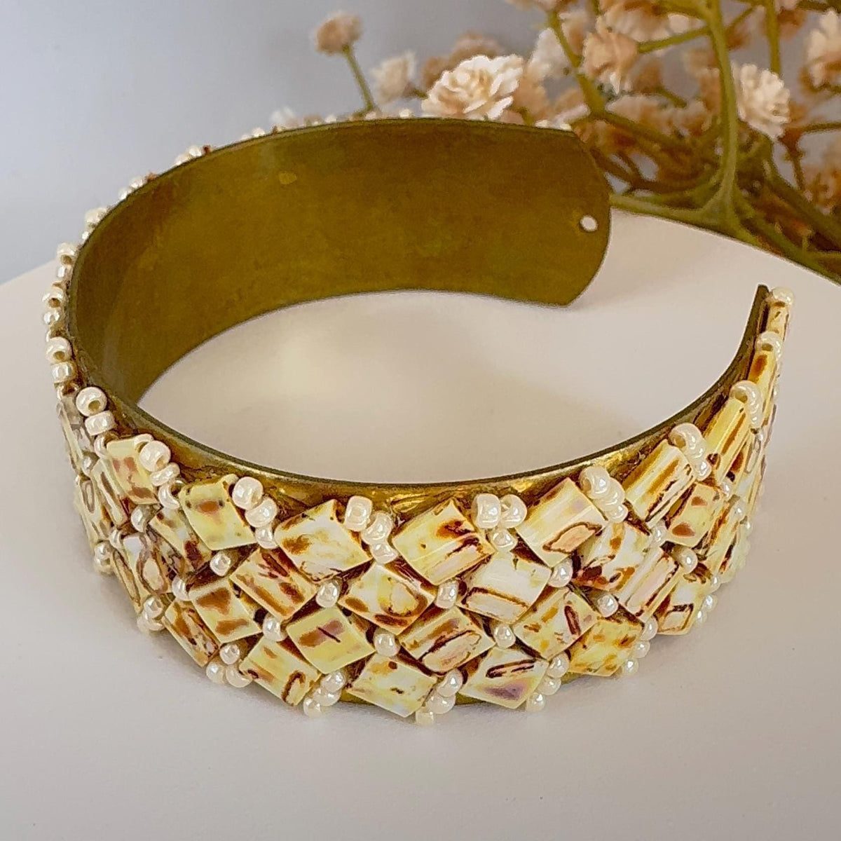 Cream and Brown Glass Bead Cuff Bracelet, Adjustable Brass, 2 cm Wide