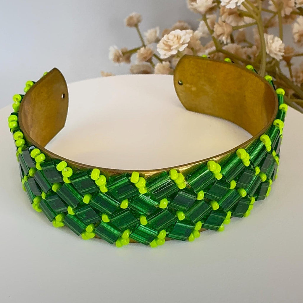 Emerald Green and Lime Glass Bead Cuff Bracelet, Adjustable Brass, 2 cm Wide