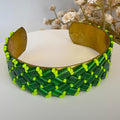 Emerald Green and Lime Glass Bead Cuff Bracelet, Adjustable Brass, 2 cm Wide
