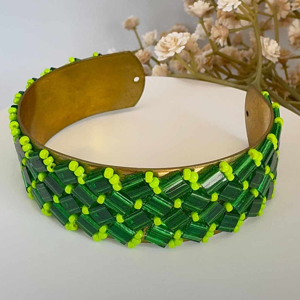 Emerald Green and Lime Glass Bead Cuff Bracelet, Adjustable Brass, 2 cm Wide