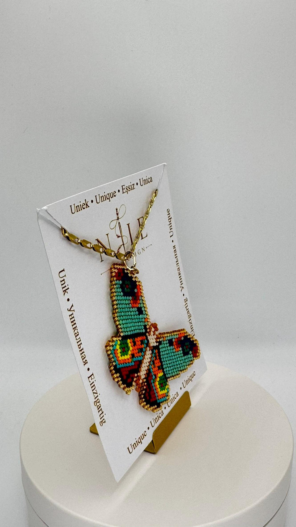 Colorful Beaded Butterfly Necklace, Turquoise and Orange Pendant, Stainless Steel Chain