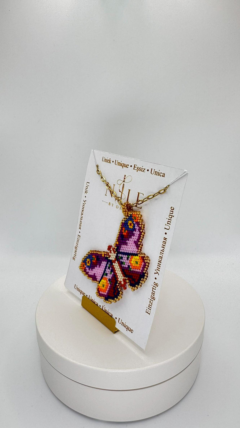 Purple Beaded Butterfly Necklace, Lilac and Multicolor Pendant, Stainless Steel Chain