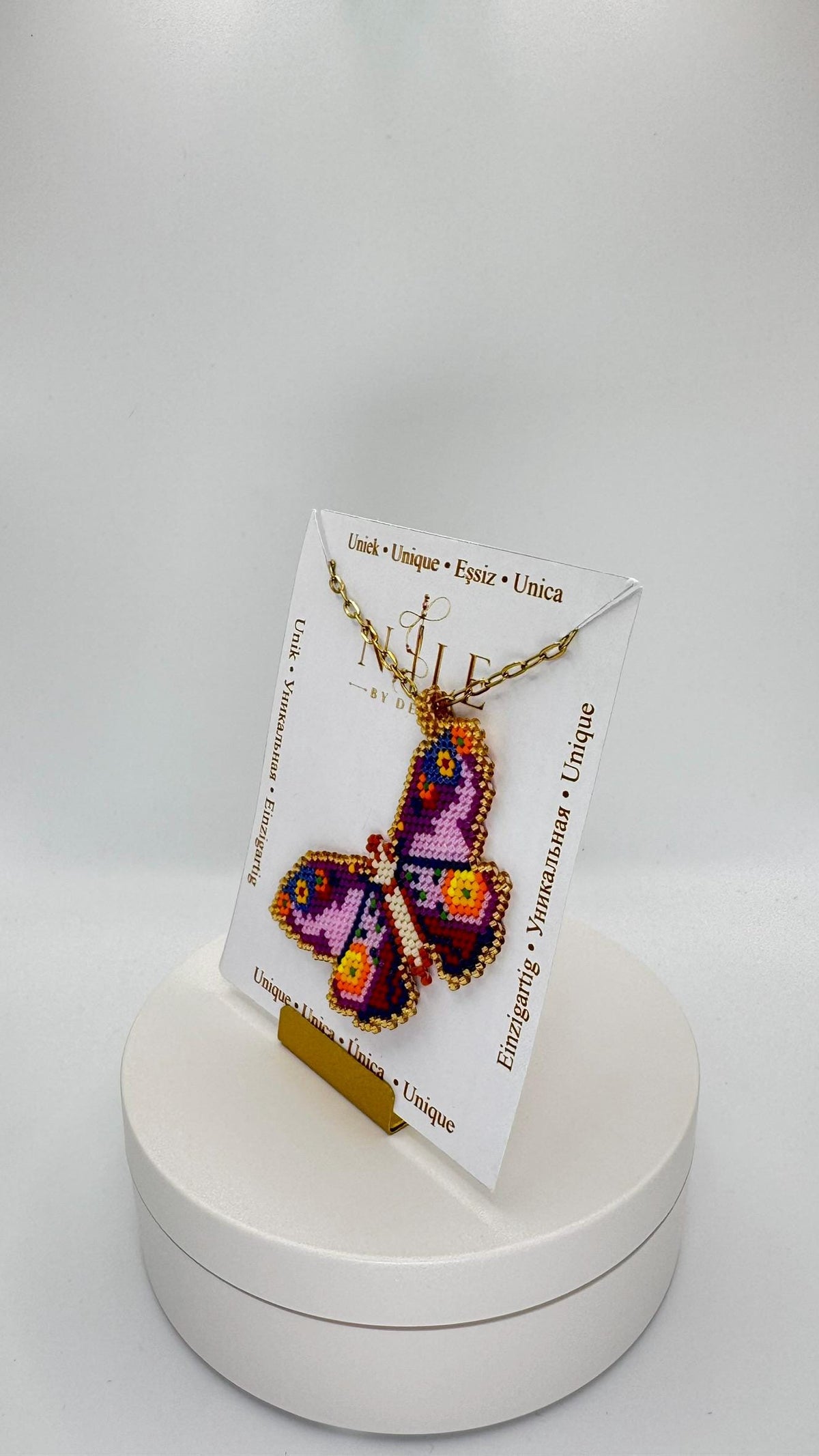 Purple Beaded Butterfly Necklace, Lilac and Multicolor Pendant, Stainless Steel Chain