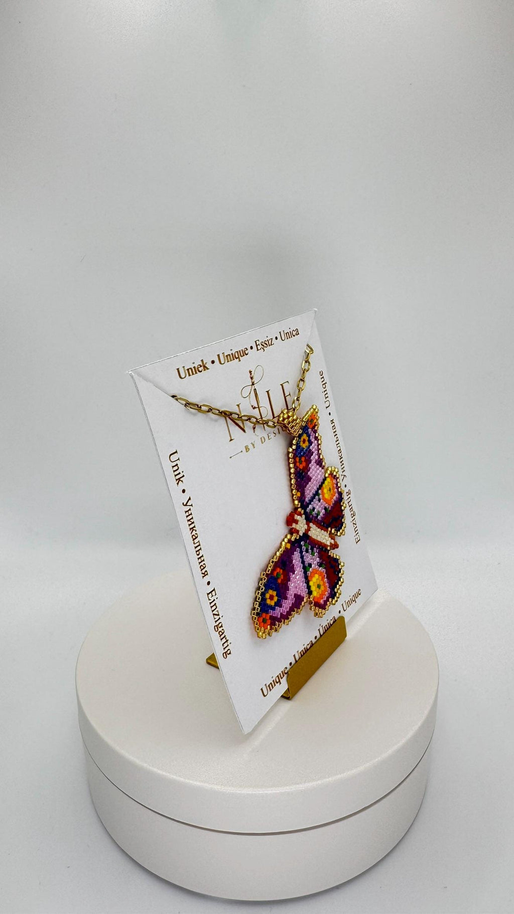 Purple Beaded Butterfly Necklace, Lilac and Multicolor Pendant, Stainless Steel Chain
