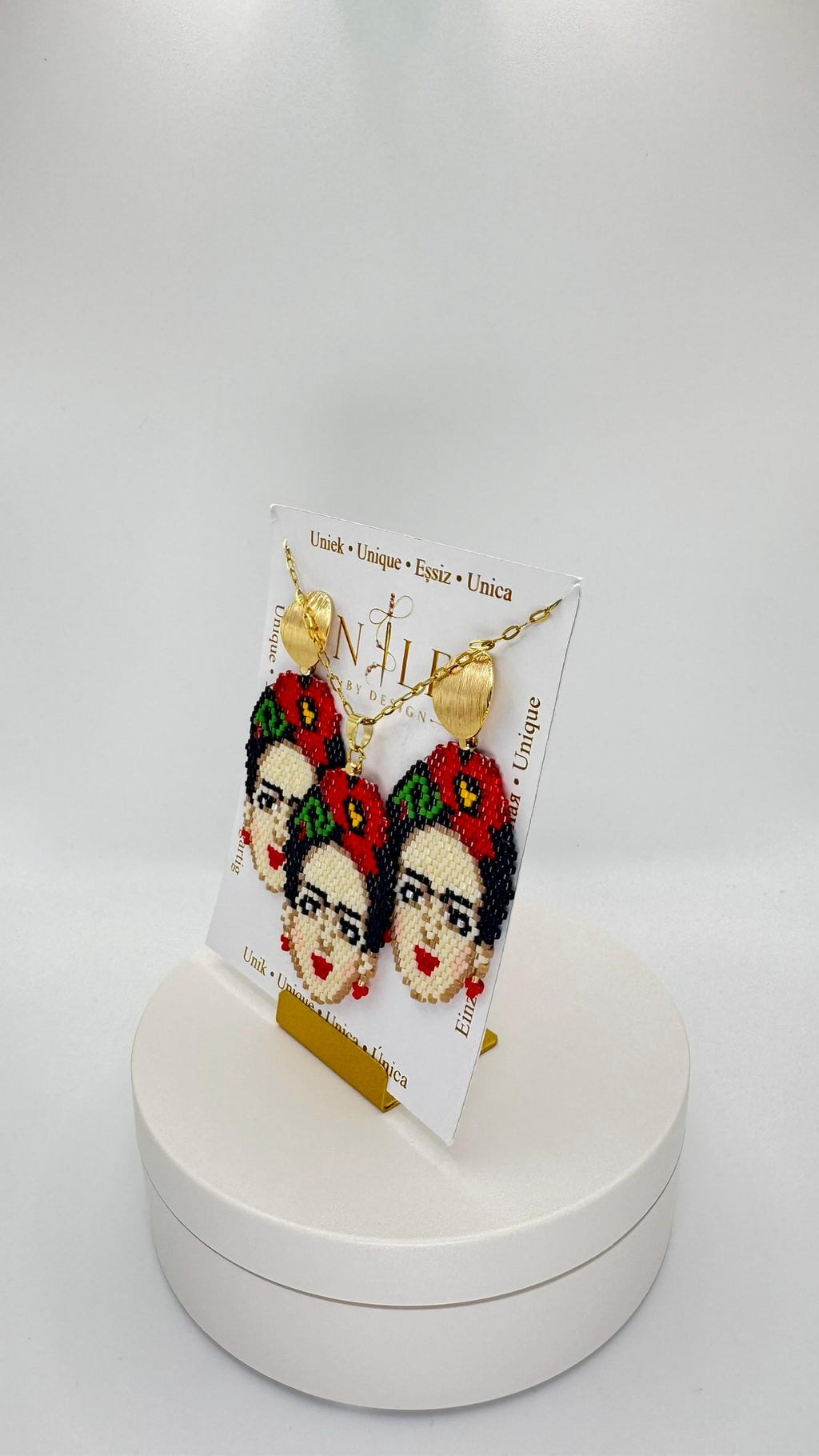 Frida Kahlo Inspired Beaded Jewelry Set, Portrait Necklace and Earrings, Red Flower Design