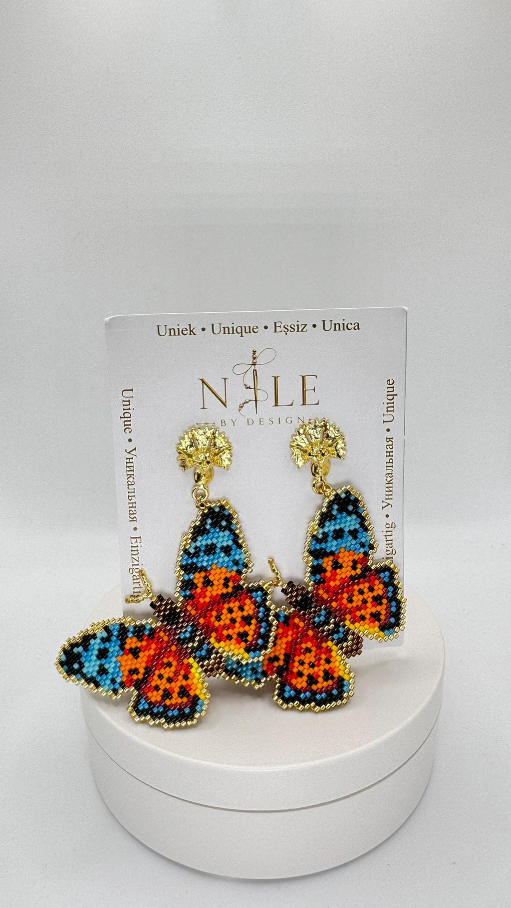 Orange and Blue Beaded Butterfly Earrings, Colorful Statement Dangles, Gold Tone Details