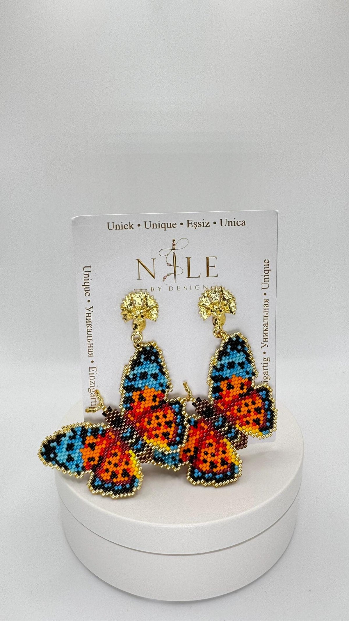 Orange and Blue Beaded Butterfly Earrings, Colorful Statement Dangles, Gold Tone Details