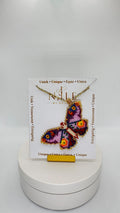 Purple Beaded Butterfly Necklace, Lilac and Multicolor Pendant, Stainless Steel Chain