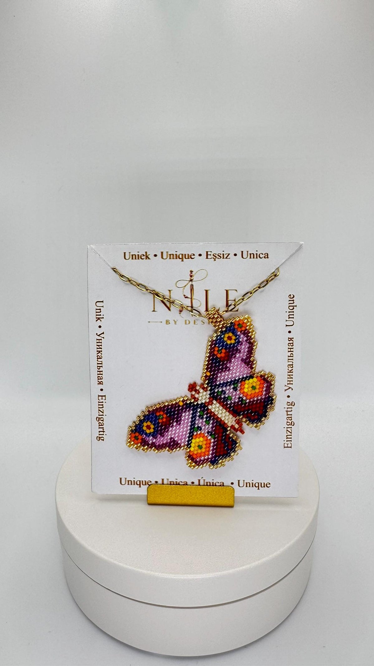Purple Beaded Butterfly Necklace, Lilac and Multicolor Pendant, Stainless Steel Chain