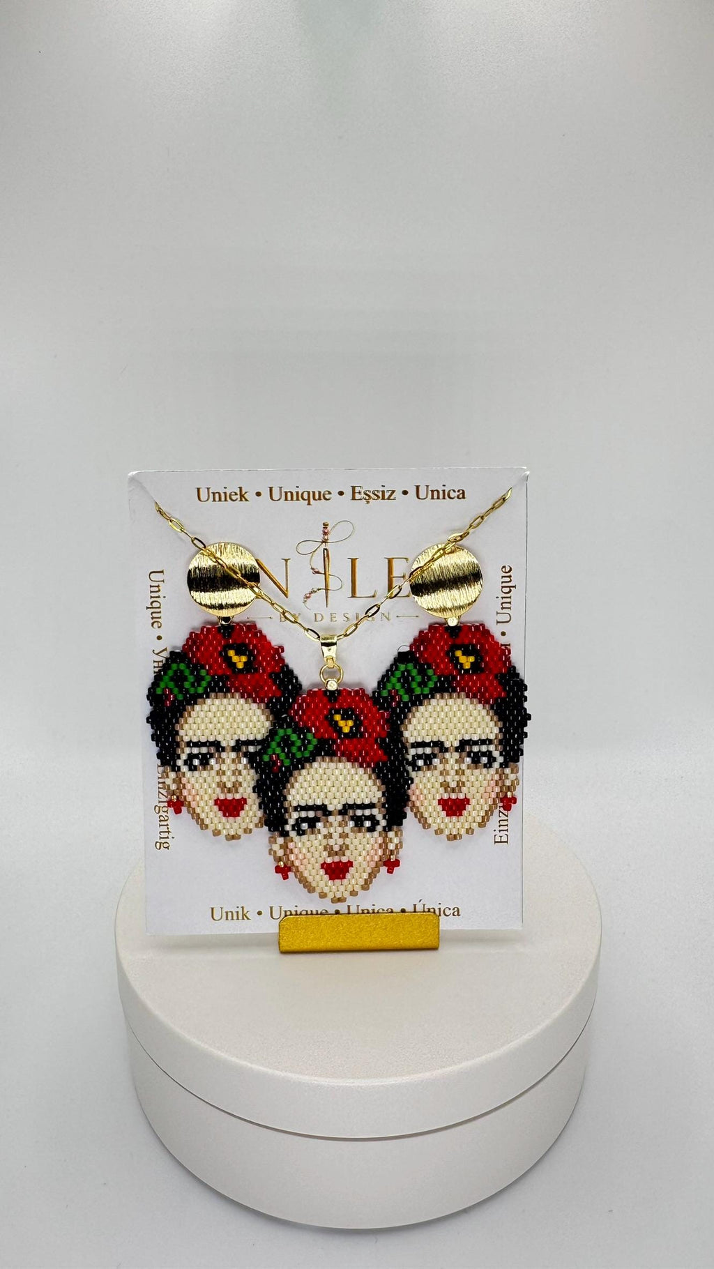 Frida Kahlo Inspired Beaded Jewelry Set, Portrait Necklace and Earrings, Red Flower Design