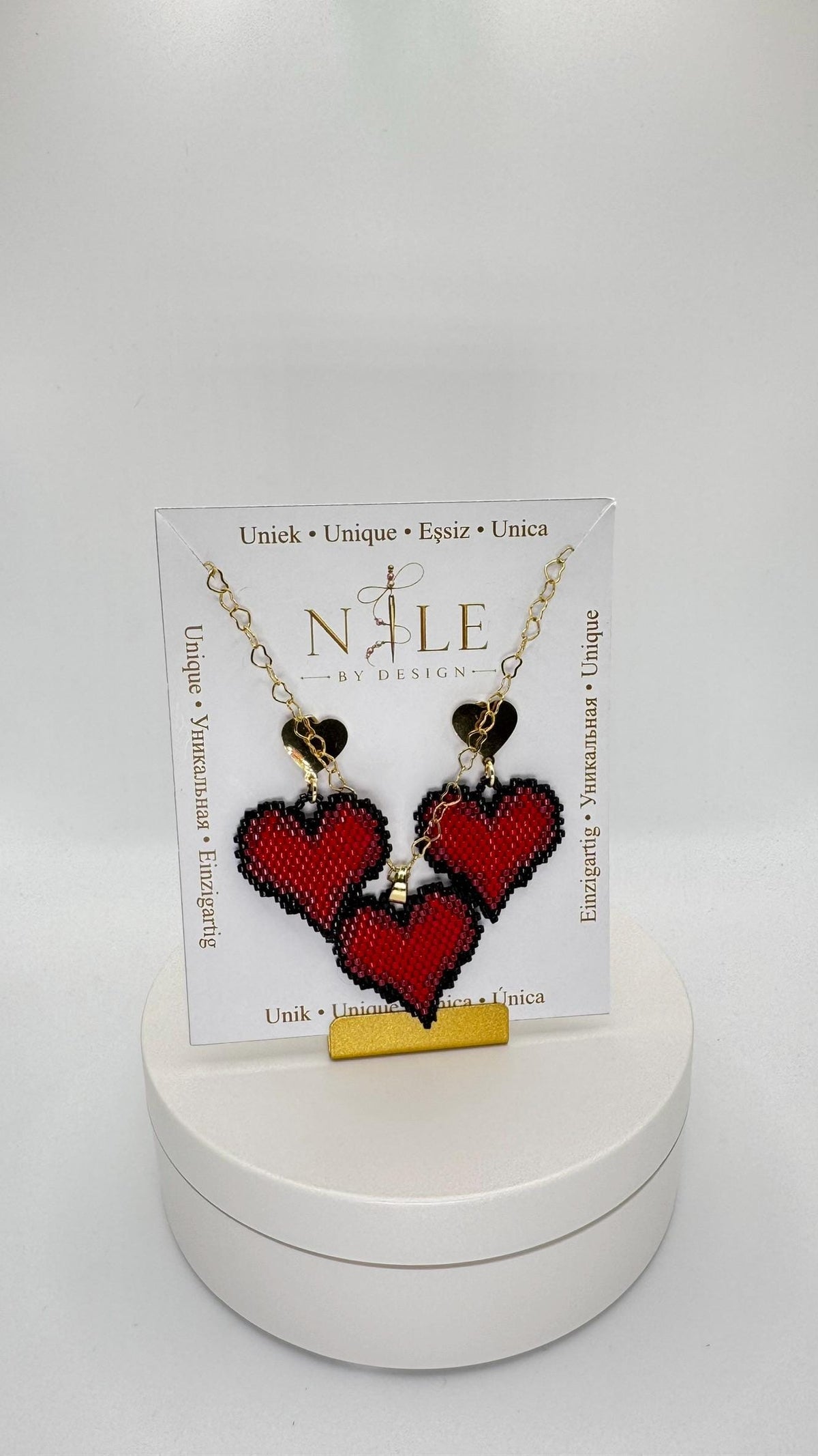 Red Heart Beaded Jewelry Set, Matching Necklace and Dangle Earrings, Gold Tone Heart Chain