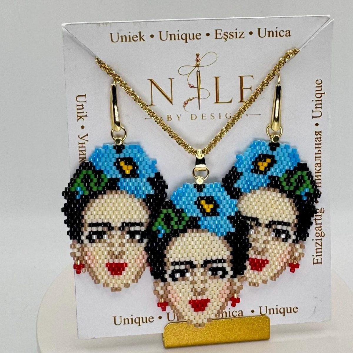 Frida Kahlo Inspired Beaded Jewelry Set, Portrait Necklace and Earrings, Blue Flower Design