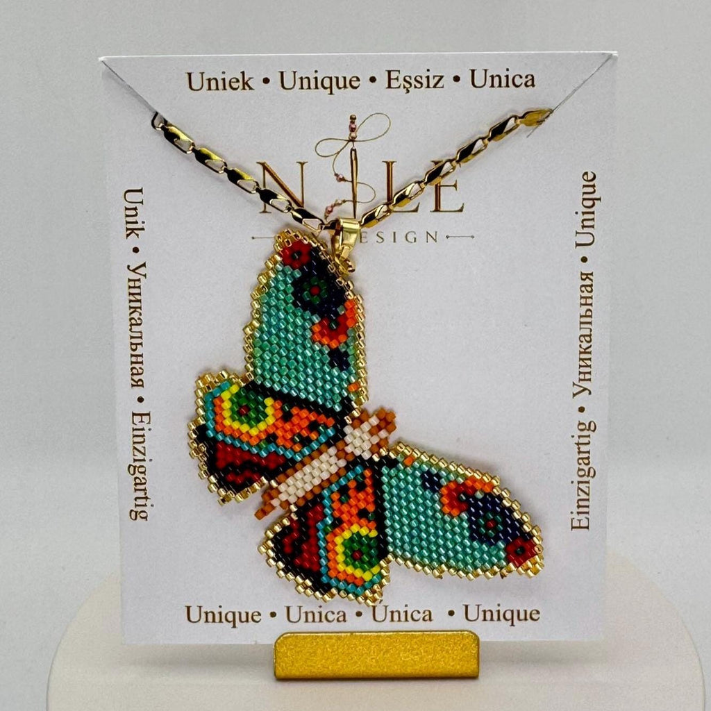Colorful Beaded Butterfly Necklace, Turquoise and Orange Pendant, Stainless Steel Chain