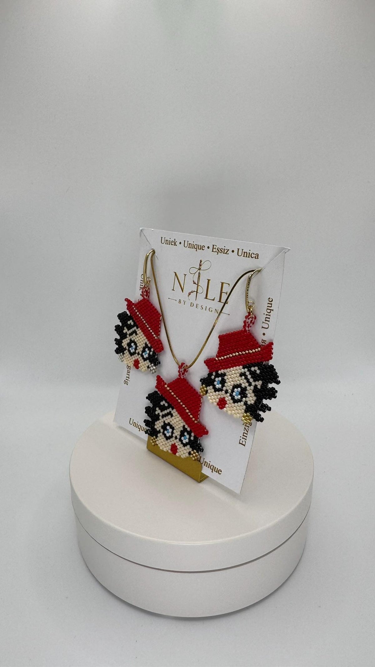 Betty Boop Inspired Beaded Jewelry Set, Red Hat Portrait Necklace and Earrings, 18K Gold Plated