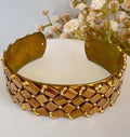 Bronze and Gold Tone Glass Bead Cuff Bracelet, Adjustable Brass, 2 cm Wide