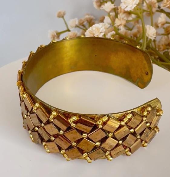 Bronze and Gold Tone Glass Bead Cuff Bracelet, Adjustable Brass, 2 cm Wide