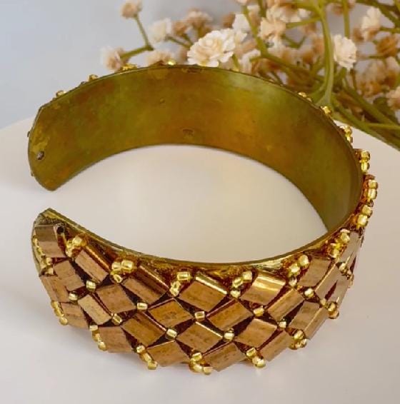 Bronze and Gold Tone Glass Bead Cuff Bracelet, Adjustable Brass, 2 cm Wide
