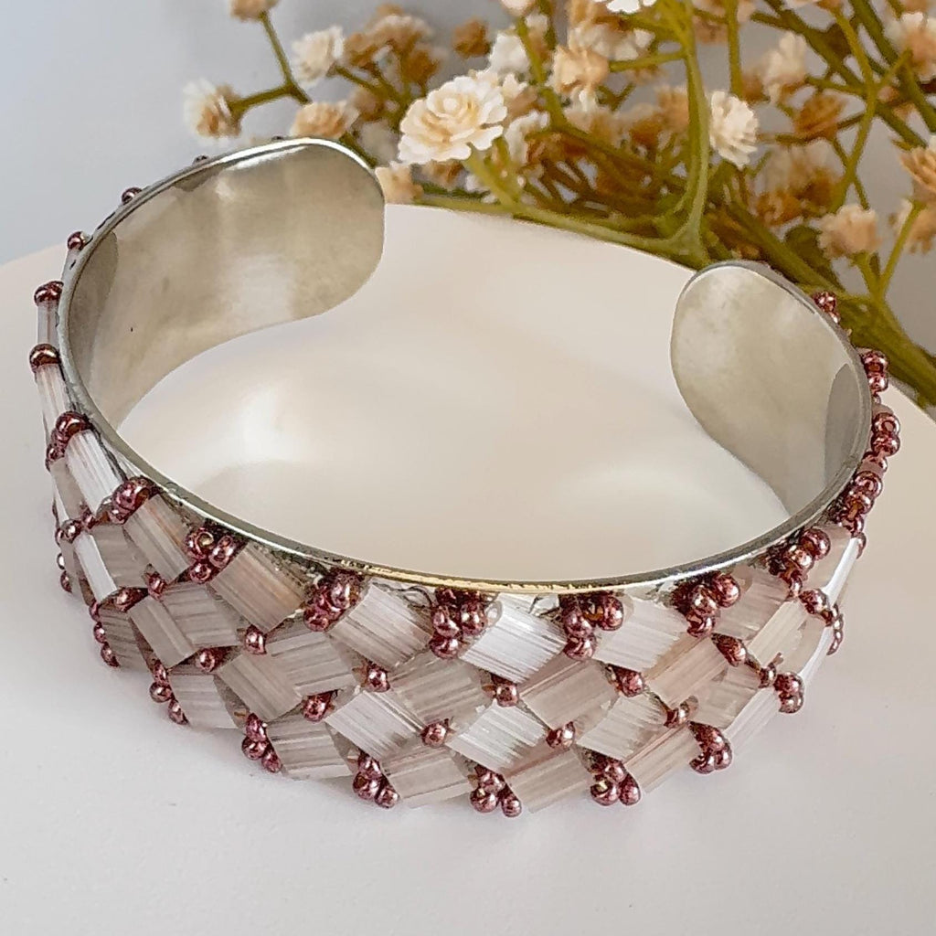 Blush Pink Glass Bead Cuff Bracelet, Adjustable Stainless Steel, 2 cm Wide