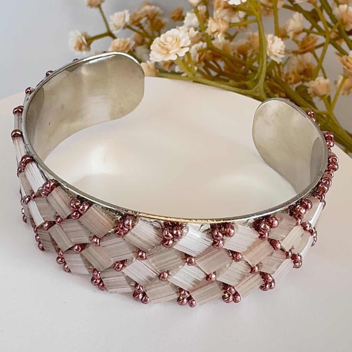 Blush Pink Glass Bead Cuff Bracelet, Adjustable Stainless Steel, 2 cm Wide