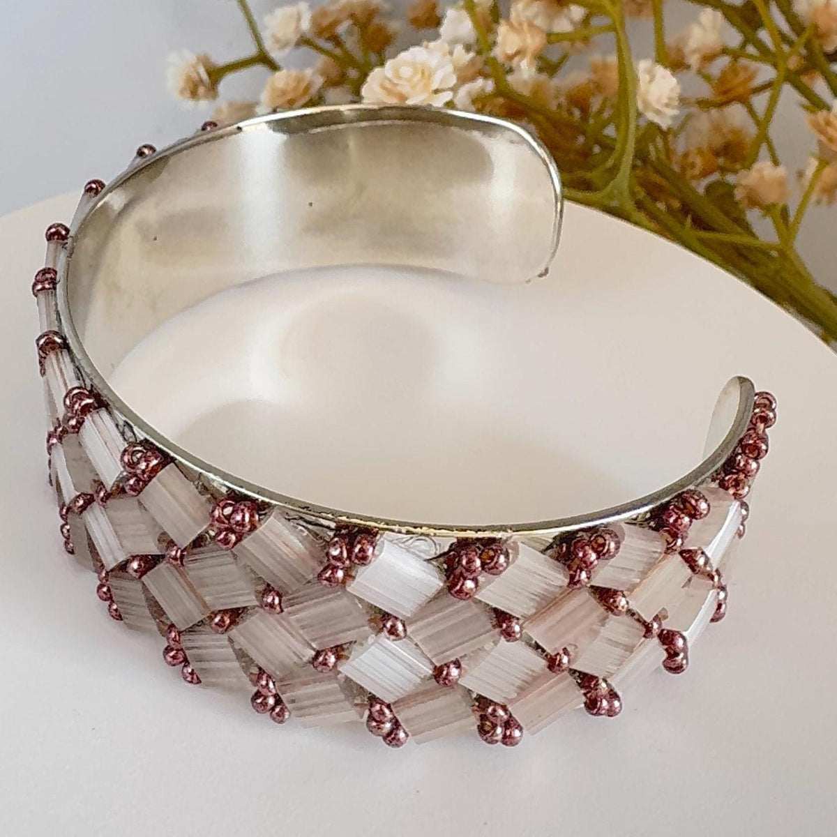 Blush Pink Glass Bead Cuff Bracelet, Adjustable Stainless Steel, 2 cm Wide