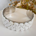 White Iridescent Glass Bead Cuff Bracelet, Adjustable Stainless Steel, 2 cm Wide