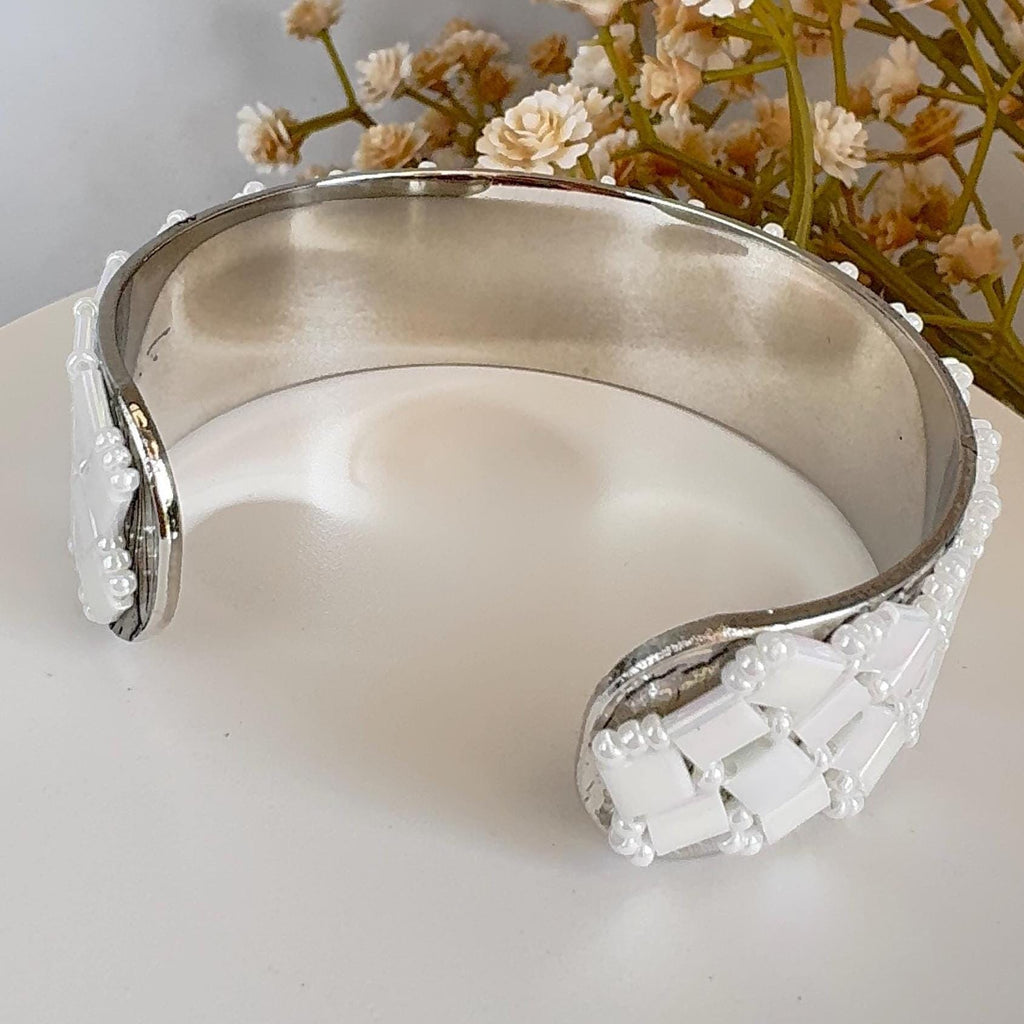 White Iridescent Glass Bead Cuff Bracelet, Adjustable Stainless Steel, 2 cm Wide