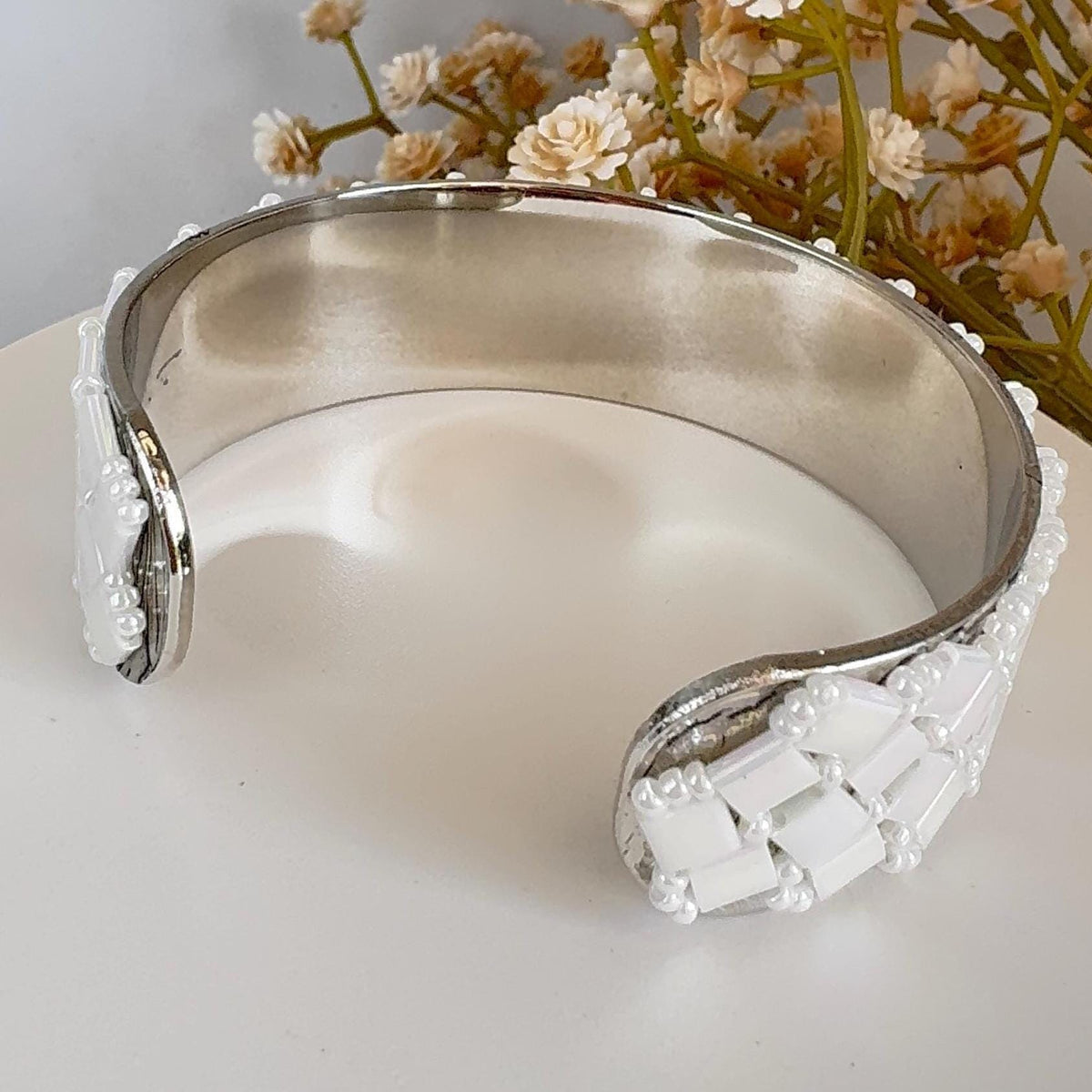 White Iridescent Glass Bead Cuff Bracelet, Adjustable Stainless Steel, 2 cm Wide