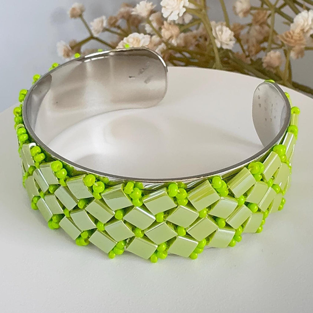 Lime Green Glass Bead Cuff Bracelet, Adjustable Stainless Steel, 2 cm Wide