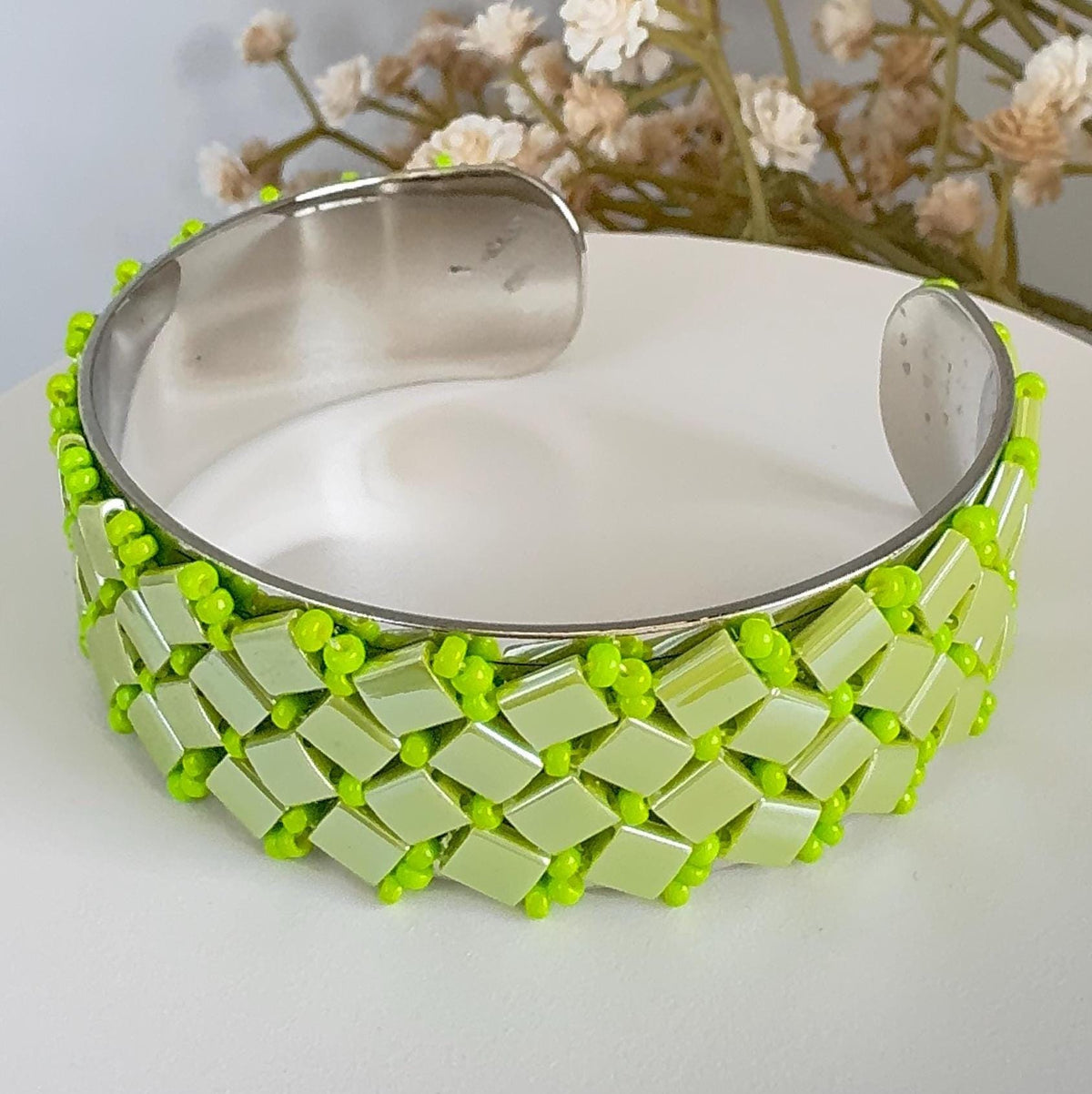Lime Green Glass Bead Cuff Bracelet, Adjustable Stainless Steel, 2 cm Wide