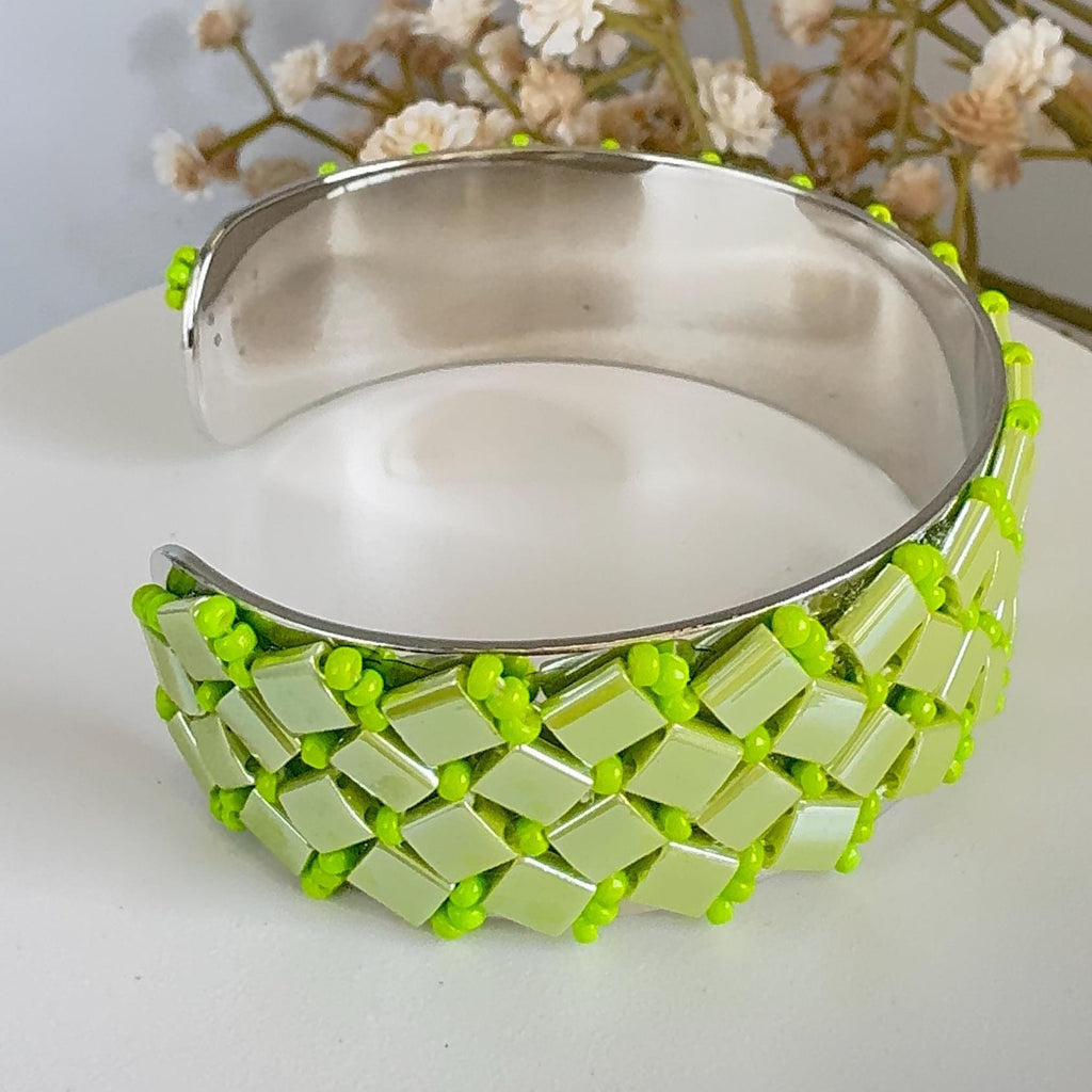 Lime Green Glass Bead Cuff Bracelet, Adjustable Stainless Steel, 2 cm Wide