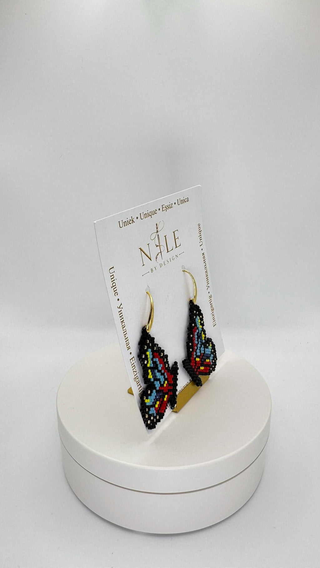 Beaded Butterfly Earrings, Black Blue Red and Yellow Wings, 18K Gold Plated Dangle Earrings