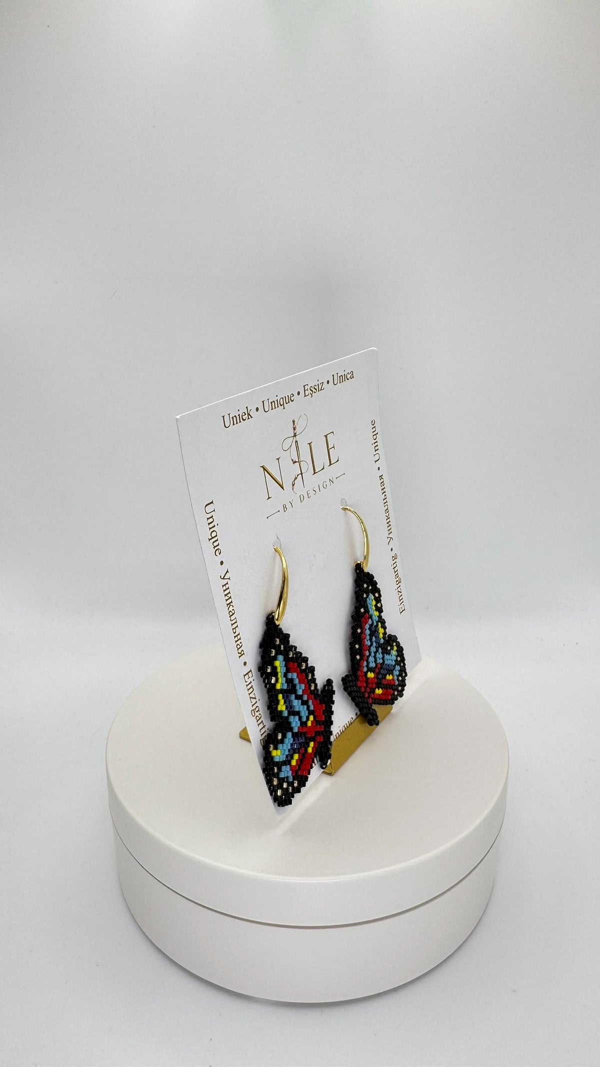 Beaded Butterfly Earrings, Black Blue Red and Yellow Wings, 18K Gold Plated Dangle Earrings
