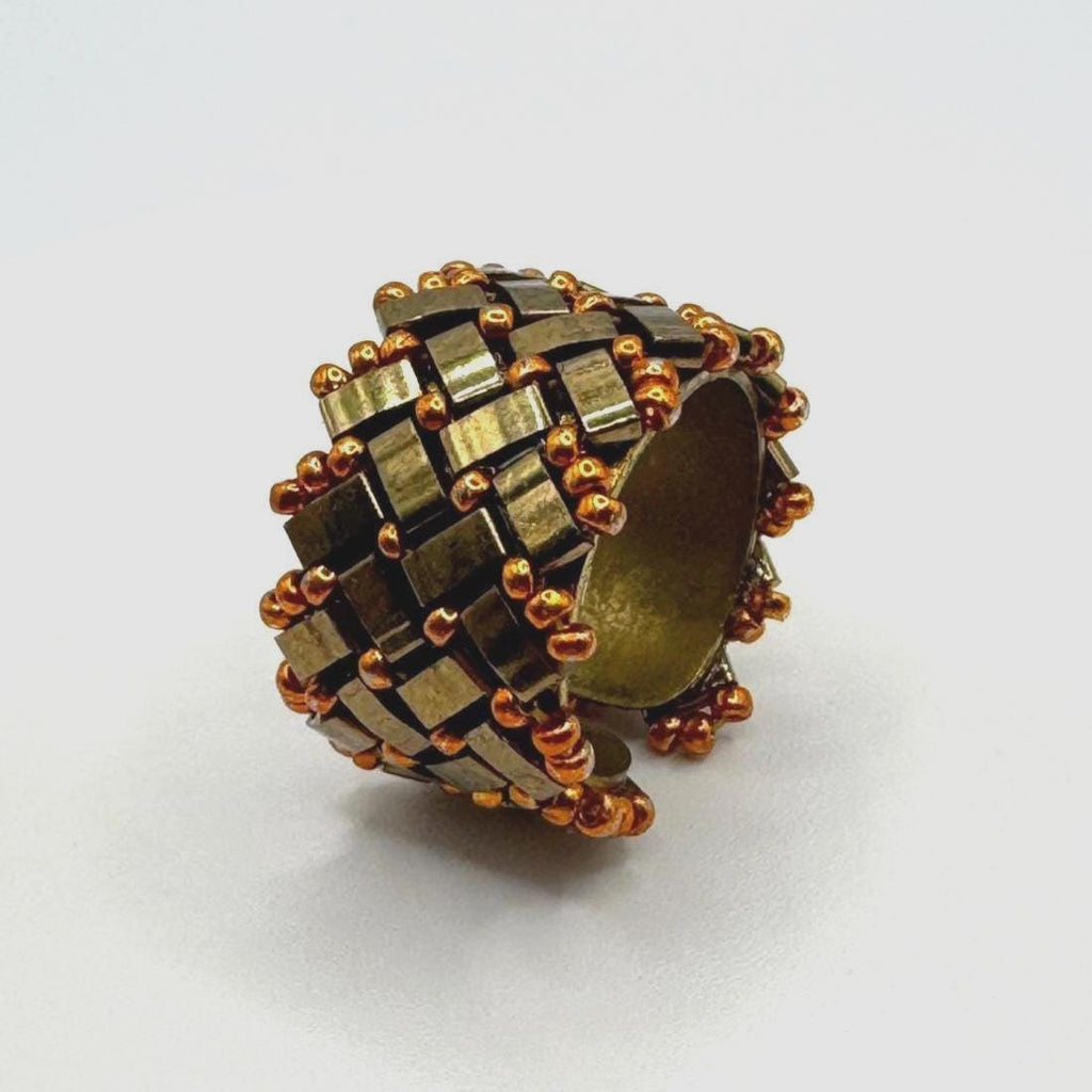 Bronze and Copper Tone Glass Bead Ring, Adjustable Brass Statement Ring, 15 mm Wide