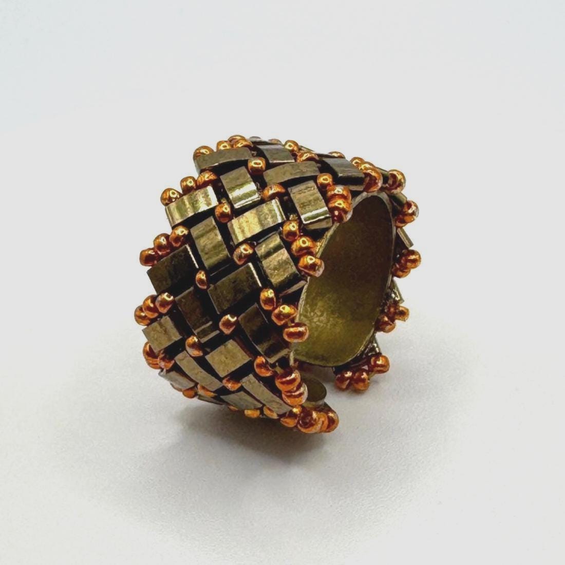 Bronze and Copper Tone Glass Bead Ring, Adjustable Brass Statement Ring, 15 mm Wide